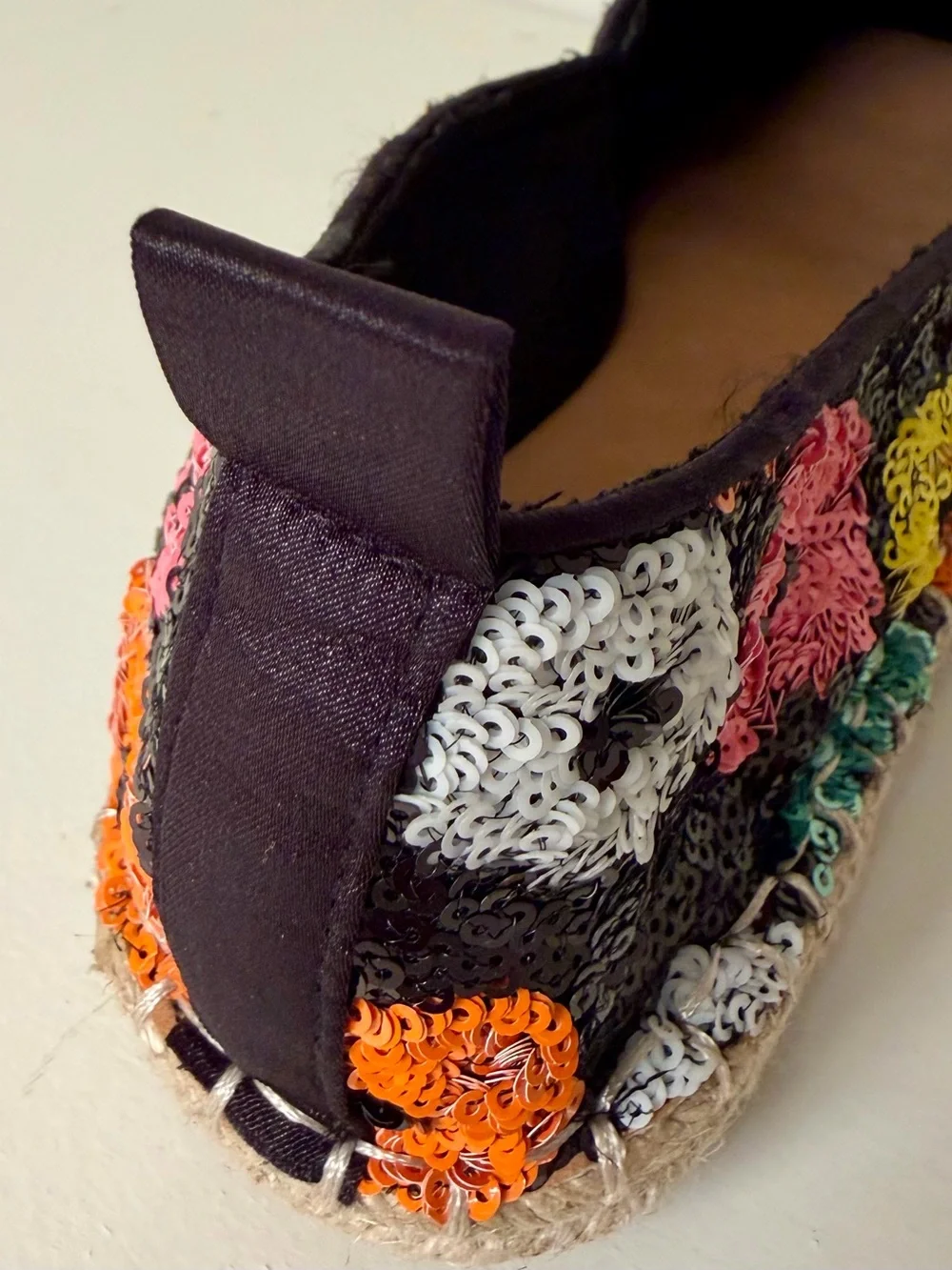 Black Espadrille Slip-Ons Multicolor Sequin Flowers. Size 9. New w/o box.